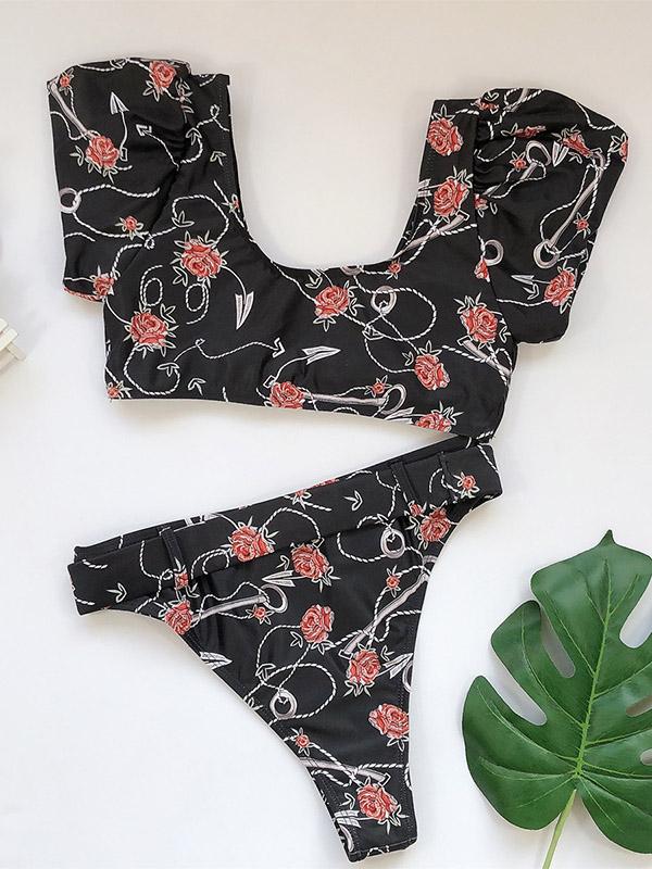 Sexy Knotted Short Sleeves Printing Sash Split Type Bikini Swimsuit