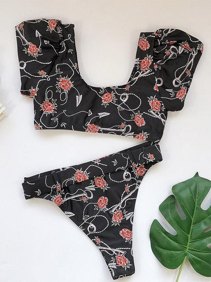 Sexy Knotted Short Sleeves Printing Sash Split Type Bikini Swimsuit