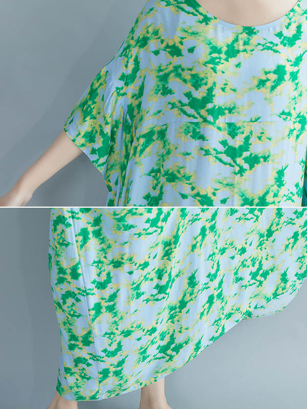 Stylish Printed Round-Neck Batwing Sleeve Midi Dress