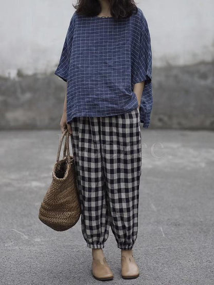 Retro Linen Plaid Casual Harem Pants