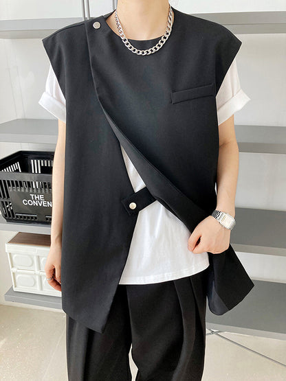 Simple Chic Solid Color Split-Joint With Pocket Round-Neck Sleeveless Vest Outwear