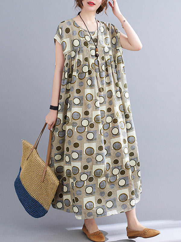 Artistic Retro Loose Polka-Dot Printed Pleated Round-Neck Short Sleeves Midi Dress