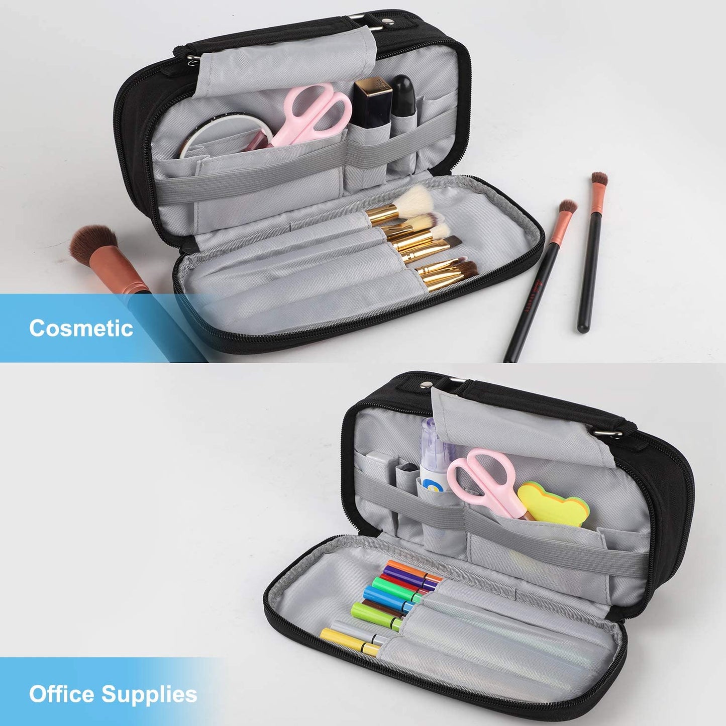 Pencil Pen Case Big Capacity, Multipurpose Foldable Storage Pencil Pouch with 4 Metal Zippers, Bag Holder for School Office Supplies, Cosmetics Travel Accessories (Black)