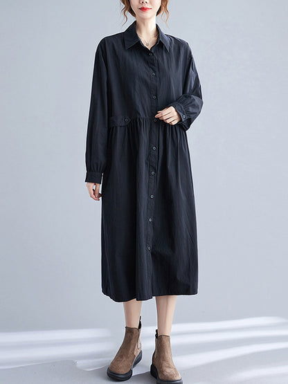Casual Solid Color Pleated Buttoned Lapel Collar Long Sleeves Midi Shirt Dress