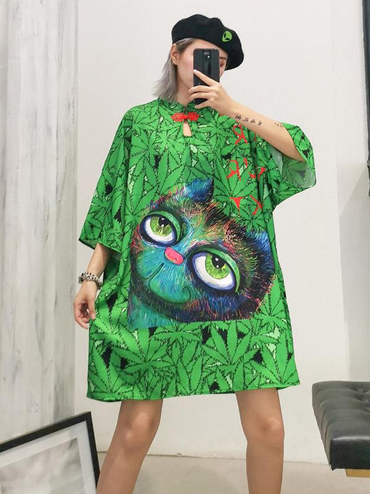 Oversize Printed Green Dress