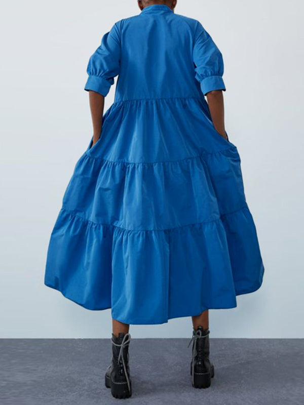 Original Solid Color Split-Joint Pleated Buttoned Stand Collar Half Puff Sleeves Midi Dress