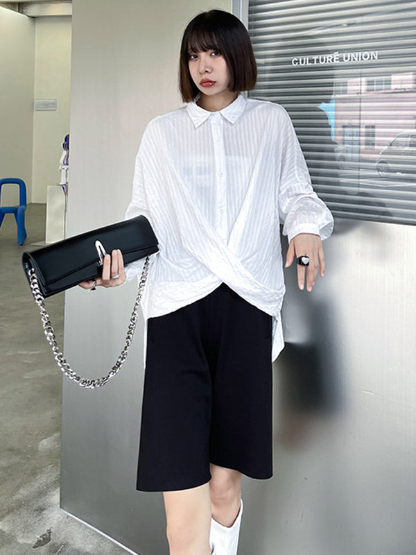 Casual Irregular Solid Color Buttoned Lapel Collar Long Sleeves Blouse