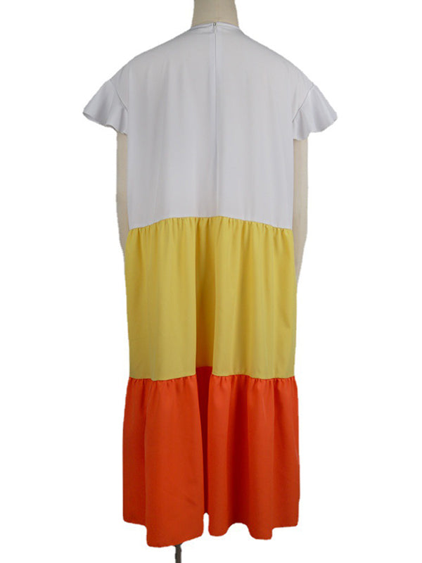 Original Loose Split-Joint Contrast Color Falbala Zipper Round-Neck Sleeveless Midi Dress