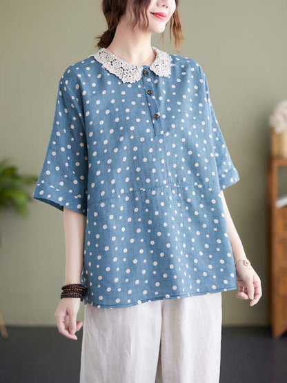 Artistic Retro Loose Polka-Dot Hollow Lace Peter Pan Collar Blouse