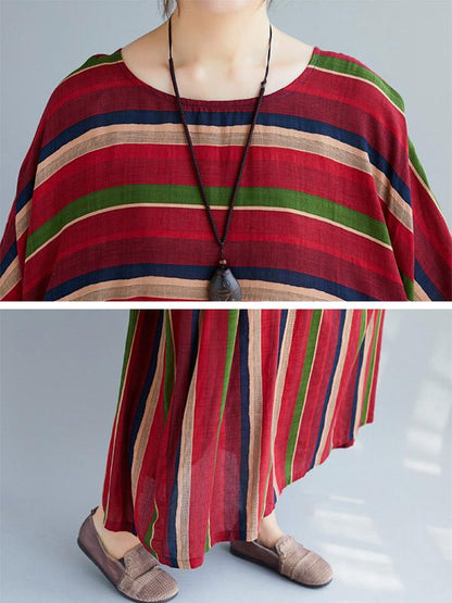 Loose Retro Striped Round-neck Long Dress