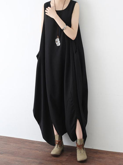 Black Round-neck Split-front Sleeveless Jumpsuits