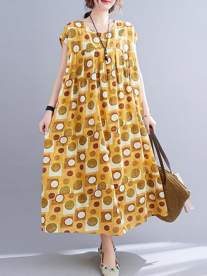 Artistic Retro Loose Polka-Dot Printed Pleated Round-Neck Short Sleeves Midi Dress
