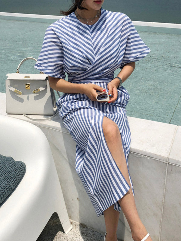 Stylish Striped Round-Neck Raglan Sleeve Midi Dress