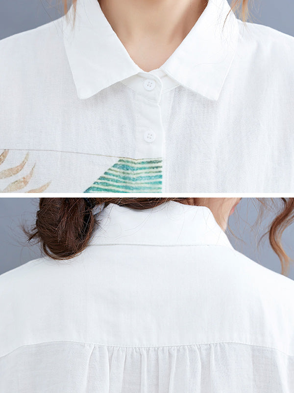 Original Leaves Printing Lapel Blouse