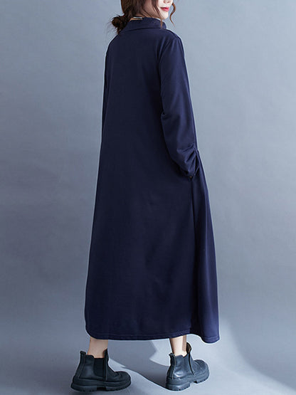 Simple Solid Color Asymmetric Split-Joint Long Sleeve Midi Dress