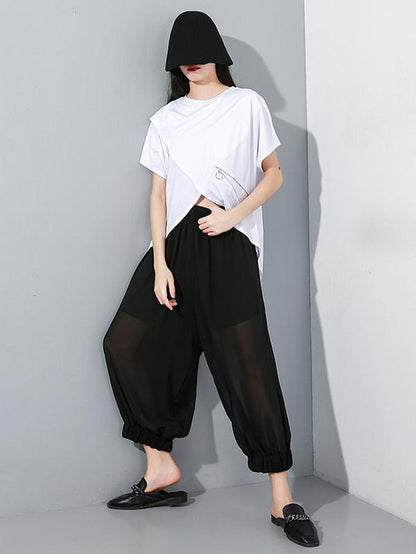 Chiffon See-through Elastic Waist Solid Wide Leg Pants  Design