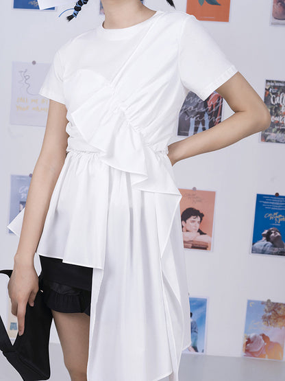 Fashion White Pleats Asymmetric Split-Joint Round-Neck T-Shirts Top