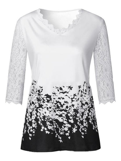 V-Neck Elbow Sleeves Lace Printed Loose Blouse