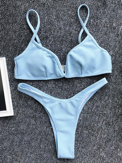 V-Neck Solid Color Split Bikini Swimsuit