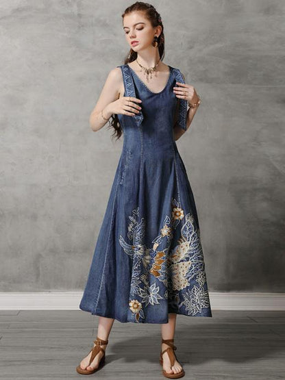 Original Retro Embroidered Hemline Denim Long Dress