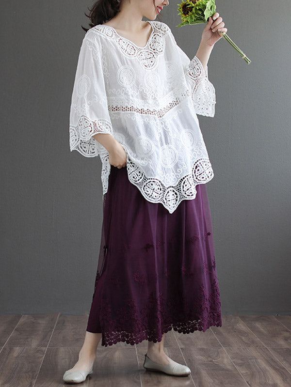 Cotton Blend Embroidered  Hollow V-Neck T-Shirts Tops