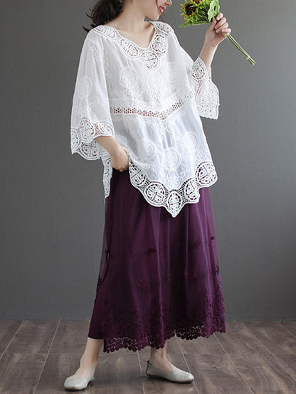 Cotton Blend Embroidered  Hollow V-Neck T-Shirts Tops