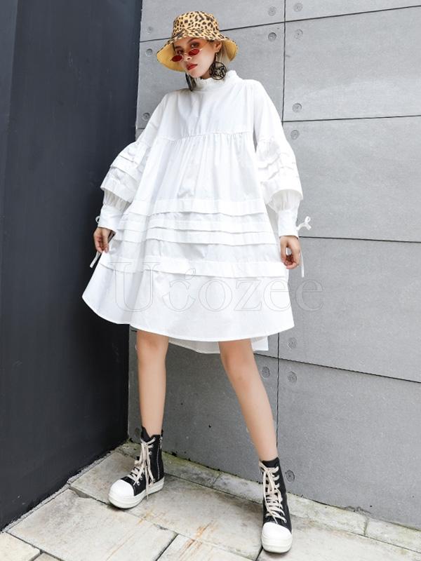 Solid Bowknot Drawstring Falbala Mini Dress