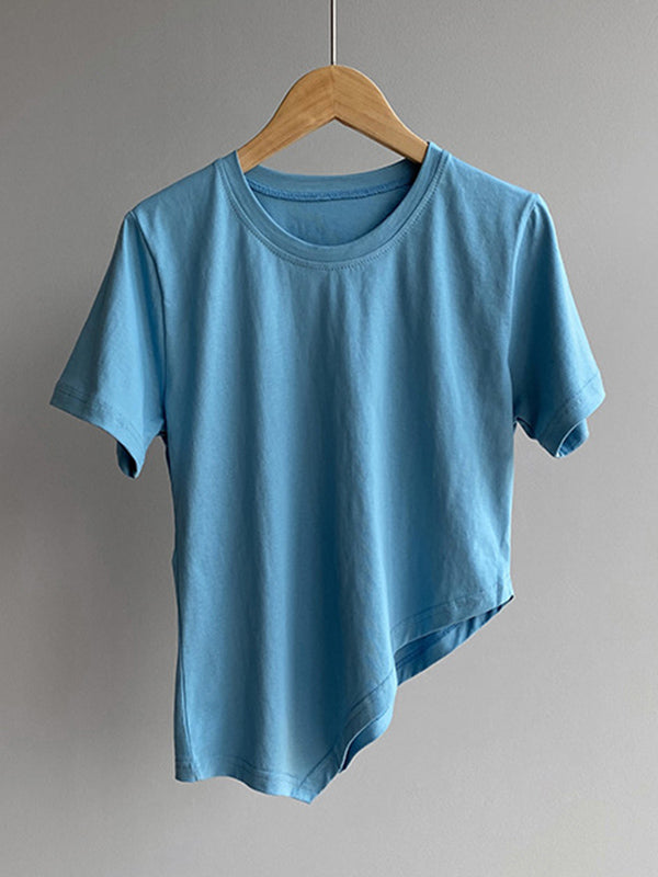 Casual Solid Color Asymmetric Round-Neck Short Sleeves T-Shirt