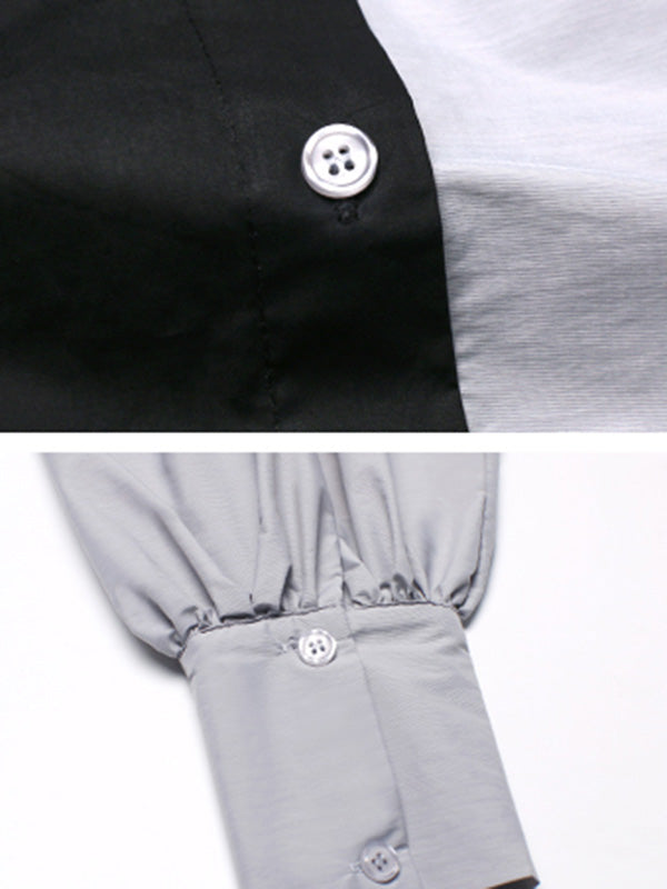 Irregular Casual Solid Color Pleated Buttoned Lapel Collar Long Sleeves Blouse