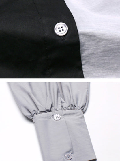 Irregular Casual Solid Color Pleated Buttoned Lapel Collar Long Sleeves Blouse