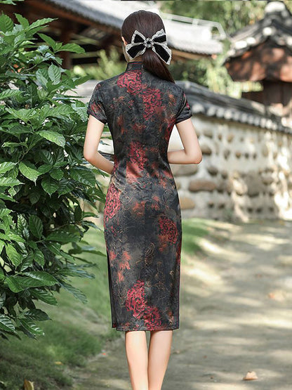 Vintage Stand Collar Split-Side Silk Printed Short Sleeves Cheongsams