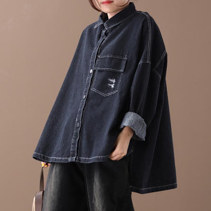 Buykud High Low Hem Frayed Pure Color Loose Denim Coat