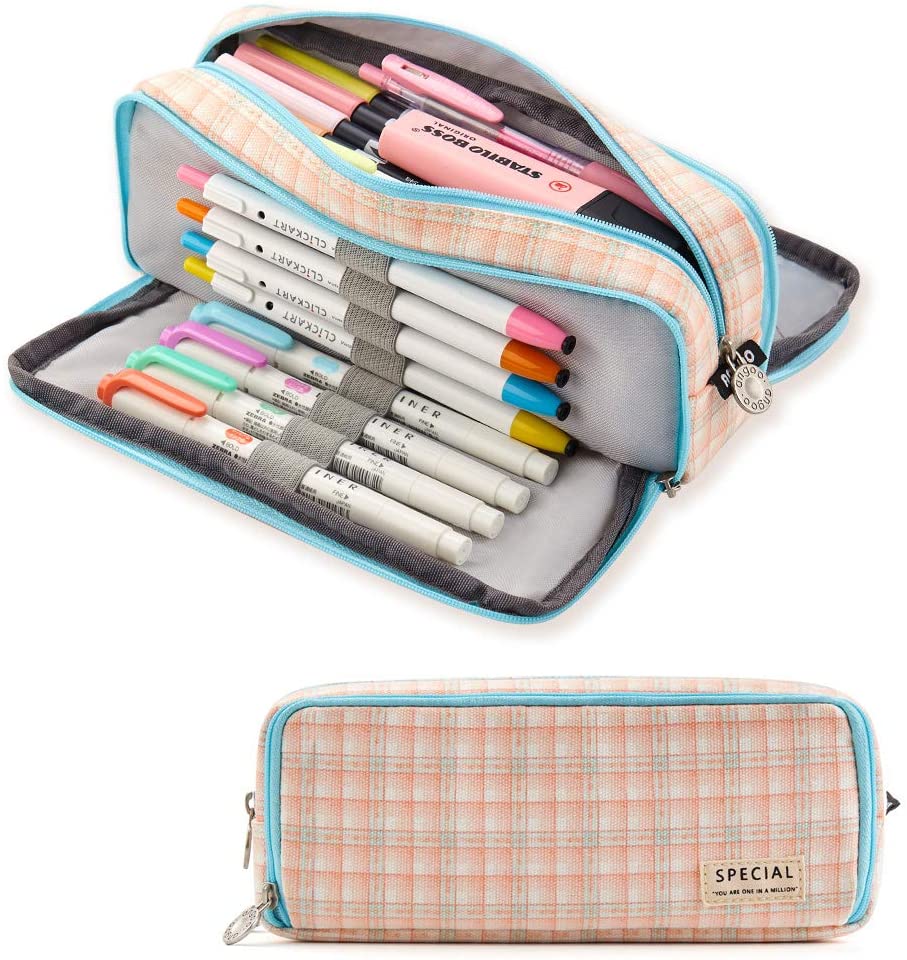 Large Pencil Case Big Capacity 3 Compartments Canvas Pencil Pouch for Teen Boys Girls School Students (Pink Strip Black Grid)