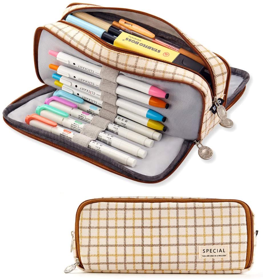 Large Pencil Case Big Capacity 3 Compartments Canvas Pencil Pouch for Teen Boys Girls School Students (Pink Strip Black Grid)