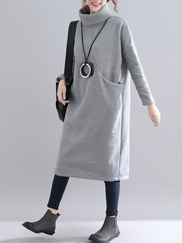 Simple Solid Color With Pocket High-Neck Long Sleeves Sweatshirt Dress