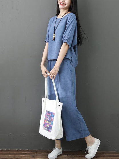 Solid  Short Sleeves Blouse + Wide Leg Pants Suit