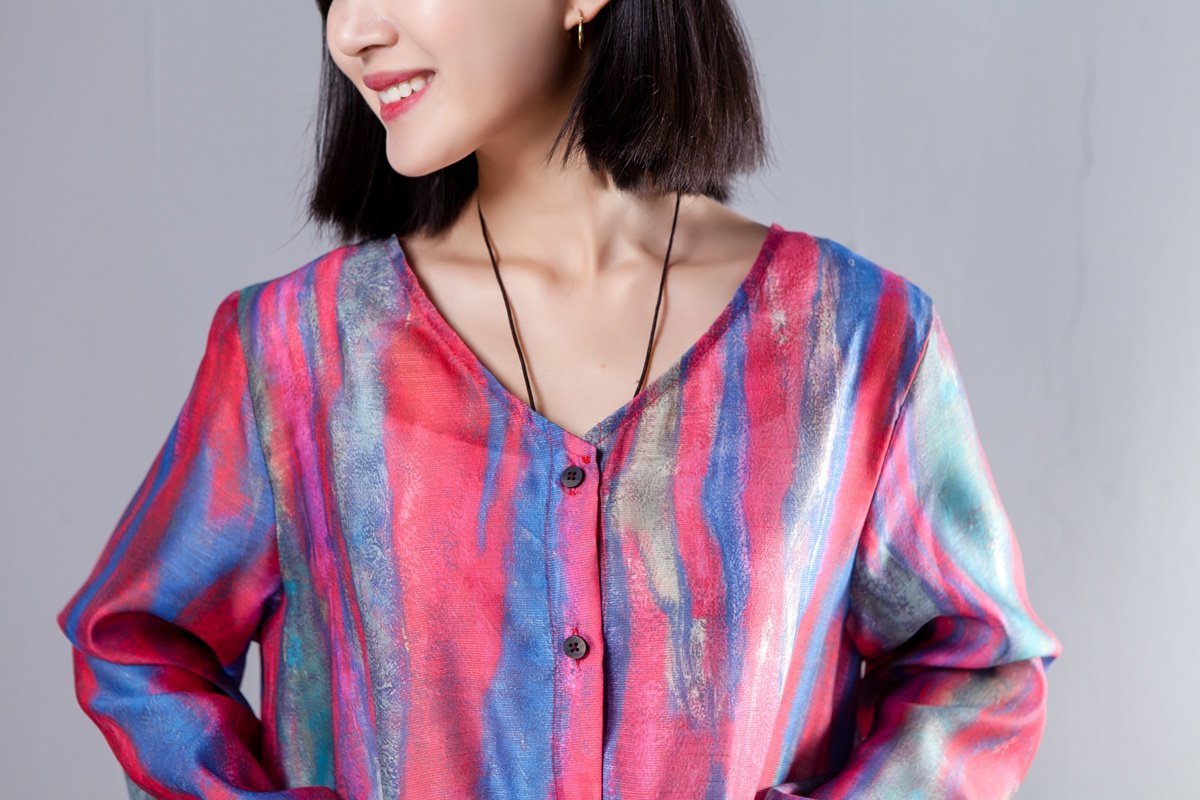 Casual Two-Piece V Neck Single Breasted Shirt Colorful Pant