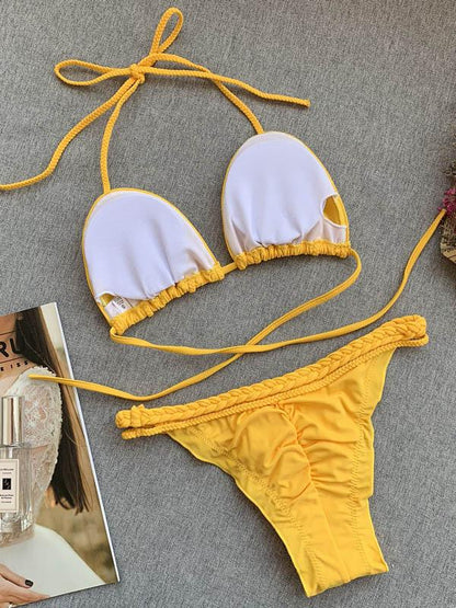 Solid Color Woven Rope Bikini Swimsuit