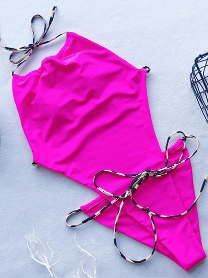 Halter-neck Plain One Piece Swimsuit