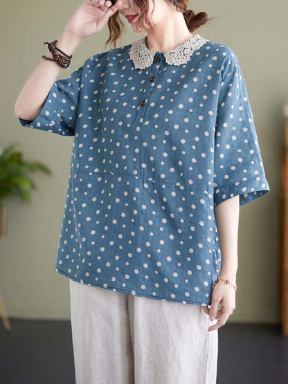 Artistic Retro Loose Polka-Dot Hollow Lace Peter Pan Collar Blouse