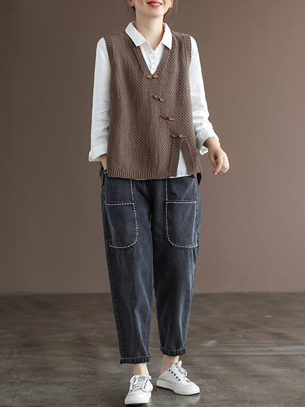 Simple Asymmetric Solid Color V-Neck Sleeveless Vest Tops