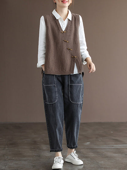 Simple Asymmetric Solid Color V-Neck Sleeveless Vest Tops