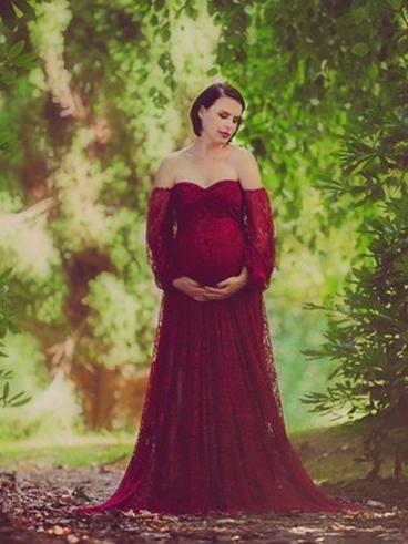 Maternity Lace Off-the-shoulder Long Sleeve Maxi Dress