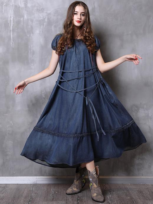 Simple Strap Loose Denim Midi Dresses