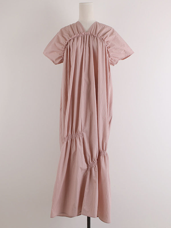 Casual Solid Color Falbala Pleated V-Neck Short Sleeves Maxi Dress