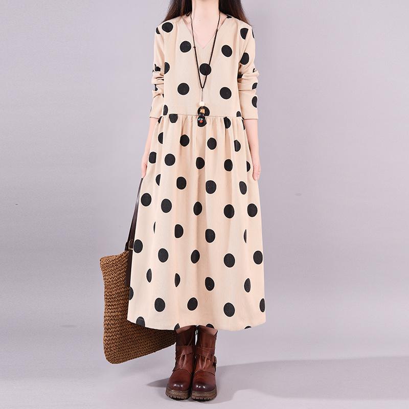 Buykud Autumn V-Neck Polka Dots Elegant Loose Dress