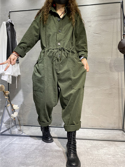 Fashion Long Sleeves Lapel Solid Color Jumpsuits