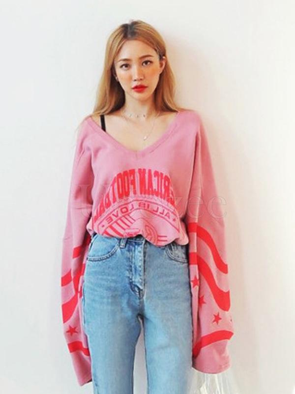 Loose Printed V-neck Sweatshirt