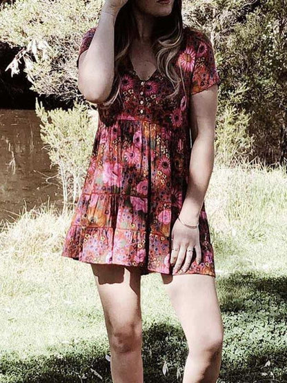 Printed V-neck Short Sleeve Mini Dress