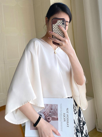 Chic Simple Solid Color Split-Joint V-Neck Batwing Sleeves T-Shirt